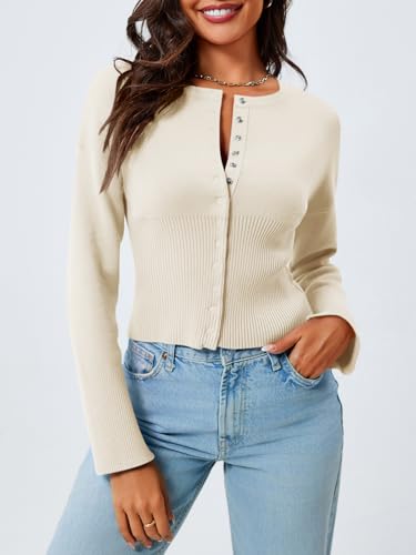 Image of Saodimallsu Womens Cropped Sweaters Cardigan | Button Down,Long Sleeve,V Neck,Ribbed Knit,Slim Fit ,Pullover Crop Tops