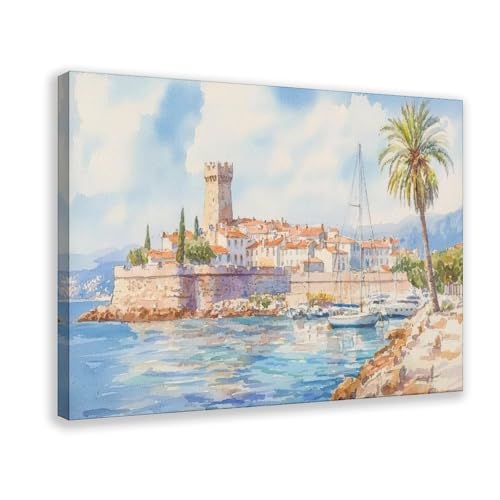 HKXAG Antibes Watercolor Poster Landscape Wall Art Antibes Wall Hanging Home Décor Gift Art Lovers France Canvas Poster Bedroom Decor Room Frame 12x18inch