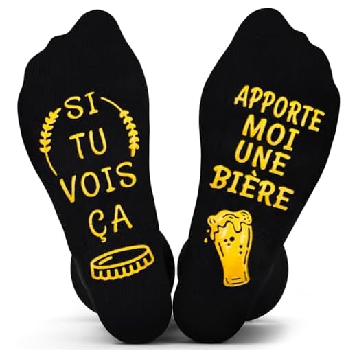 Chaussettes Humoristiques Homme SI TU VOIS ÇA APPORTE MOI UNE BIÈRE, Chaussettes Homme 43-46 Fantaisie Coton Rigolotes Idée Cadeau Noel Drole Homme Femme Lui Anniversaire Fête des Peres Saint Valentin