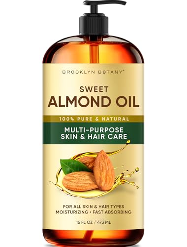 Brooklyn Botany Sweet Almond Oil | 16 Fl Oz | Hair | Face | Body | 100% Pure and Natural | Carrier Oil | Aromatherapy | Massage | Ayurvedic Hair Care | Hexane-Free