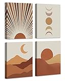 Sunset Sunrise Moon Framed Canvas Wall Art, Abstract Landscape Boho Wall Decor, Moon Phases Wall Pai