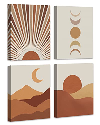 Sunset Sunrise Moon Framed Canvas Wall Art, Abstract Landscape Boho Wall Decor, Moon Phases Wall Painting For Living Room Bedroom Office Home Decor Set Of 4, 8X10In (Framed) #TOP22