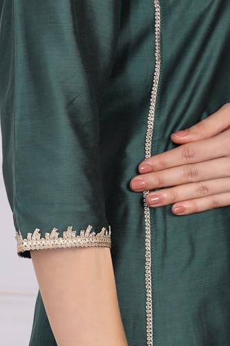 Image of W for Woman Embroidered Floral Zari Work A-Line Silk Blend Kurta with Straight Pant and Dupatta Set
