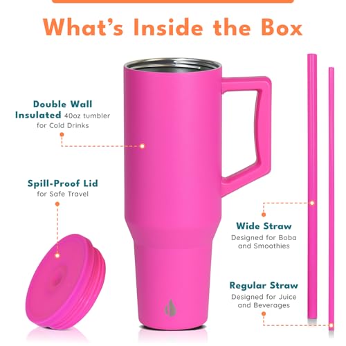 Image of Elemental Spill Proof 40oz Insulated Tumbler with Handle & Straw Travel Mug | Stainless Steel Commuter Travel Coffee Mug for Cold Beverages, Includes 2 Straws & a Spill Proof Lid for Everyday Use