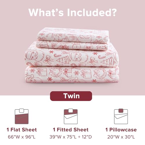 Image of Intelligent Design Flannel Sheets Twin, Cozy Soft 100% Cotton Flannel Bedding, Printed Warm Twin Sheets Set, Ultra Soft Cold Weather Bed Sheet Set, Holiday Doodles, 3 Piece