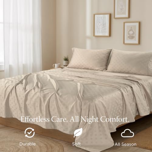Image of Threadmill 300 Thread Count Cotton Twin Sheet Set, Sateen, Jacquard, Beige | 100% Cotton, Sateen Weave, Jacquard Pattern, 3-Piece Set, 16 inch Deep Pocket, Cooling, Fade-Resistant, Breathable