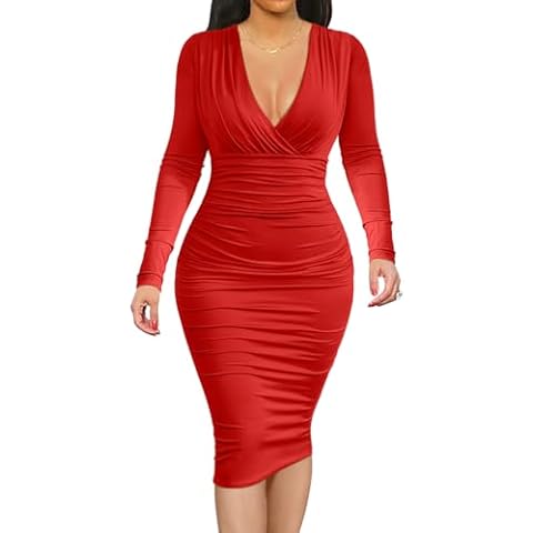 BEAGIMEG Women's Sexy Bodycon Long Sleeve Ruched Deep V Neck Solid Party Club Midi Dress red Cover