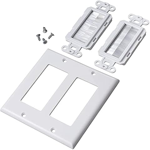2 Gang Brush Wall Plate White Double Gang 2 outlet Cable Management for TV Cables Coax, HDMI, Ethernet Cables, Speaker Wires, low voltage Universal Pass Through Cover