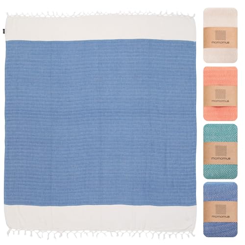 MOMOMUS Fouta XL Strandtuch Baumwolle 100% - Saugfähig Weich und Leicht - Ideal als Saunahandtuch Saunatuch Hamamtuch und Badetuch für Strand und Pool- Blau 90 x 170 cm