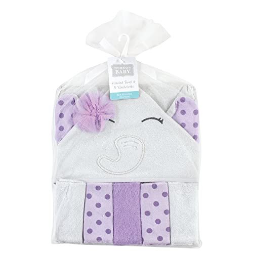 Image of Hudson Baby Unisex Baby Hooded Towel and Five Washcloths, Purple Dots Pretty Elephant, One Size