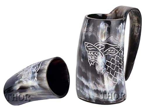 Viking Drinking Ox Horn Mug/Shot Glass/Authentic/Mead/and Beer Tankard | Vintage Stein with Handle | Wolf/Fenrir Design | Polished Finish | (2 Pc Set) Rustic Vintage Home Decor Gifts