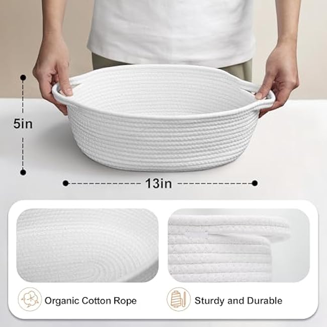 White Small Woven Basket, 13¡± x 9¡± x 5¡± Baskets for Gifts Empty Cotton Rope, Cute Nursery Baby Storage Organizer, Wicker Cat Toy Bin Box with Handles, Empty Gift Basket for Mother's Day