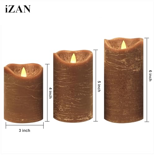 Image of iZAN 3 Pack Real Wax Flameless Candles Battery Operated LED Pillar Flickering Realistic Electric Candle Gift Sets with Remote Control and Cycling 24 Hours Timer 3 inchD X 4 inch 5 inch 6 inch H (Brown)