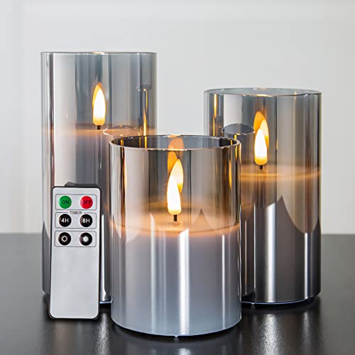 Eywamage Smoke Grey Glass Flameless Pillar Candles with Remote, Flickering LED Battery Candles Table Decor Set of 3