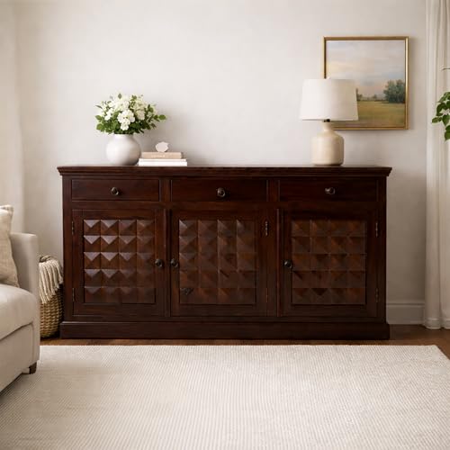 Image of SONA ART & CRAFTS Diamond Solid Sheesham Wood Sideboard Cabinet Storage Organizer with 3 Drawer & Door Cabinet for Home Living Room & Bedroom Multi Shelves Cabinets Hallway Dinning (Walnut Finish)