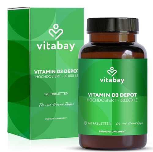 Vitabay Vitamin D3 Hochdosiert 50.000 I.E. - 120 Vegane Vitamin D Tabletten als Depot - Vit D Hochdosiert mit 50000 IE - Hochwertiges Vit D3 für lange Versorgung - Laborgeprüft