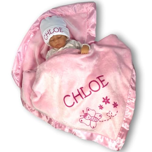 Image of Custom Catch Personalized Girl Pink Baby Blanket Gift with Flower, Ladybug, Bee or Butterfly