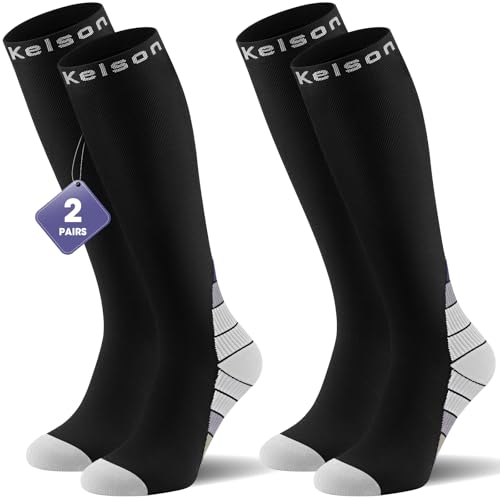 Calves Kelson 2 Pairs Compression Socks for Women and Men, 20-30 mmHg Graduated Compression, Knee High Flight Socks for Running, Nurses, Travel, Pregnancy and Everyday Support
