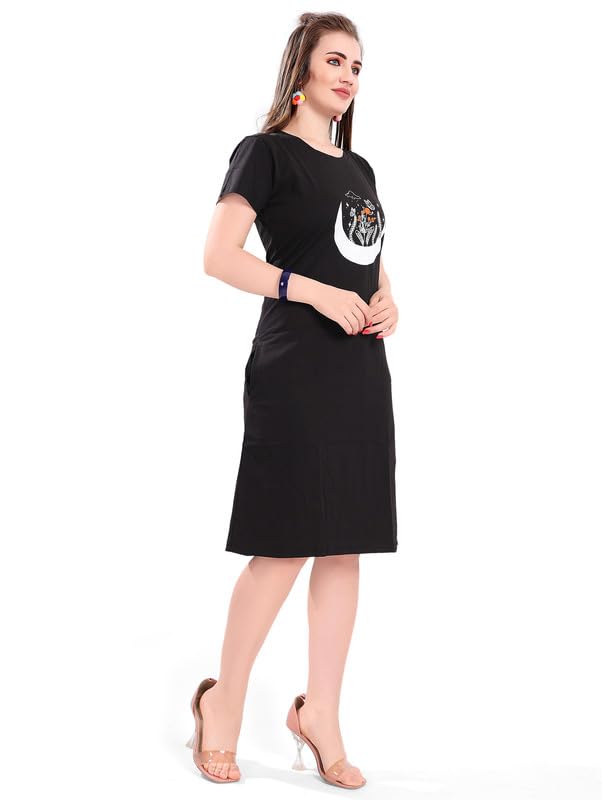Image of Printed Knee Length Pocket Night Dresses for Women | Cat Lovers | Premium Soft Cotton Nighty | Sky Blue