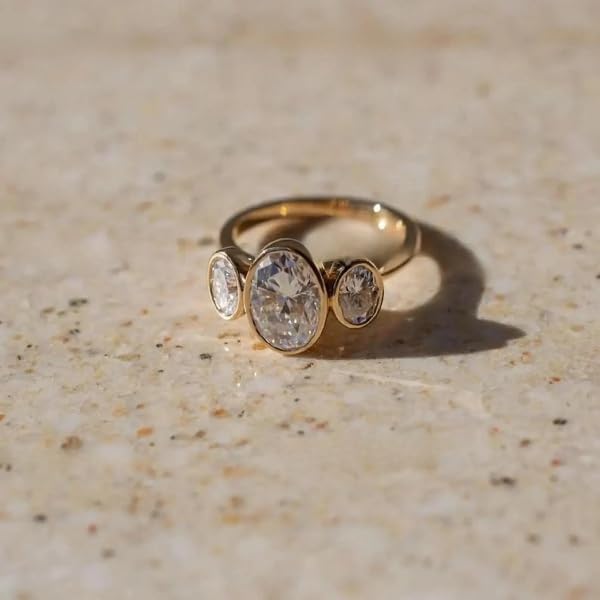 5 Carat Oval Cut Moissanite Engagement Ring 14 k Yellow Gold Three Stone Bezel Set Trilogy Wedding Ring Promise Anniversary Jewelry For Women Thank you Gift For Wife4