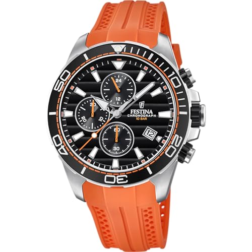 Festina Montre Homme Analogique en Caoutchouc Orange - Mouvement Quartz - Montre de Sport pour Homme - Chronographe - Calendrier - Verre Minéral - Étanche 10 ATM...