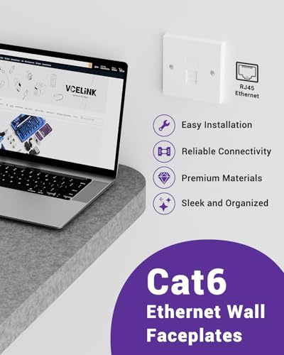 VCELINK RJ45 Socket Cat6 Ethernet Wall Socket with Keystone Jack, Cat6 Wall Plate Single Port Faceplate Flat Data Socket for CAT6/CAT5E/CAT5 Network Cables