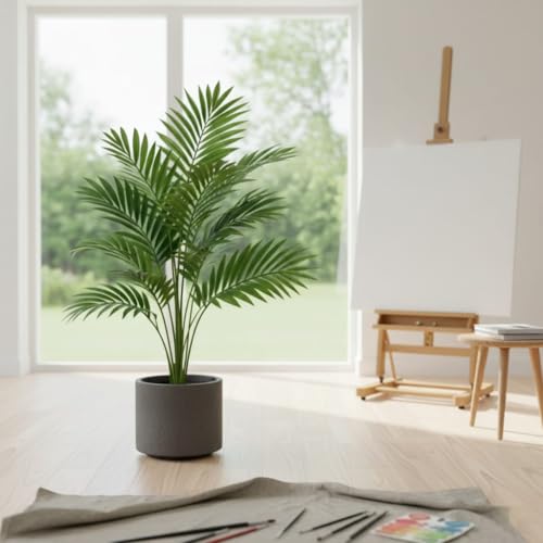 Image of Dekorly Artificial Palm Plants Leaves Faux Turtle Leaf Fake Monstera Tropical Large Palm Tree Leaves Outdoor UV Imitation Leaf Decorations (Areca Without Pot)