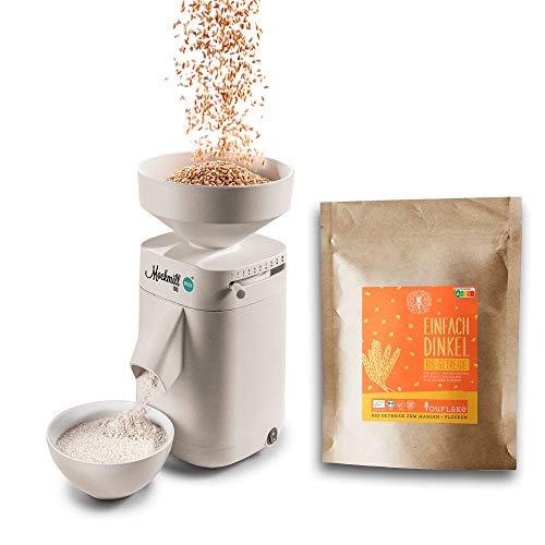 Getreidemühle Mockmill 100 | Made in Germany | Edelkorund und Keramik Mahlstein (Mockmill 100 + Bio Dinkel)…