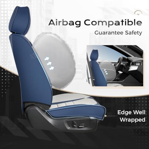 Image of Coverado Car Seat Covers Full Set, Nappa Leather Seat Covers for Cars, Car Seat Protector Car Seat Cushion, Front and Back Seat Protectors Cushions Universal Fit for Most Cars Vehicles(Blue&White)