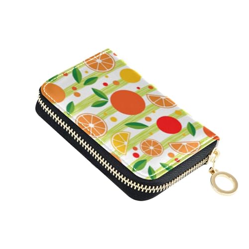 RFID Credit Card Holder Orange Fruit Stripes Leather With Zipper Card Case Wallet for Women Girls