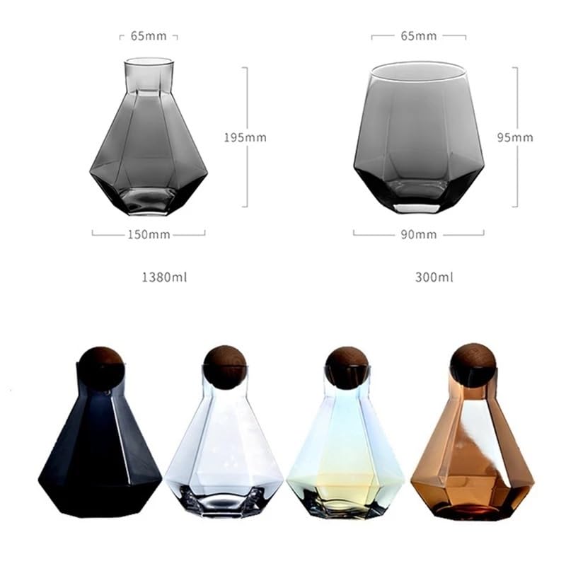 Karaffe 1 Set Luxus-Wasserkocher aus rautenförmigem Glas mit Kugeldeckel aus Naturholz, durchsichtiger Krug for kaltes Wasser, Saft-Getränkekrug, Heimgetränk Wasserkaraffe (Color : Gray Set)