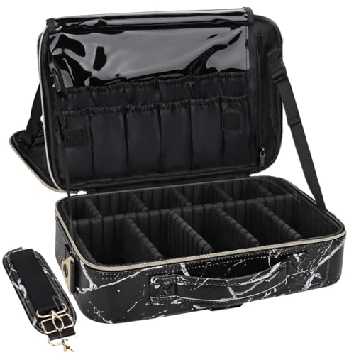 Image of Professional Cosmetic Bag, Makeup Organizer Bag for Home & Travel Vanity Bag, Makeup Train Case, Adjustable Brush Dividers, Shoulder Strap, Cosmetic Organizer (Black Marble) (34x23x12 cm)