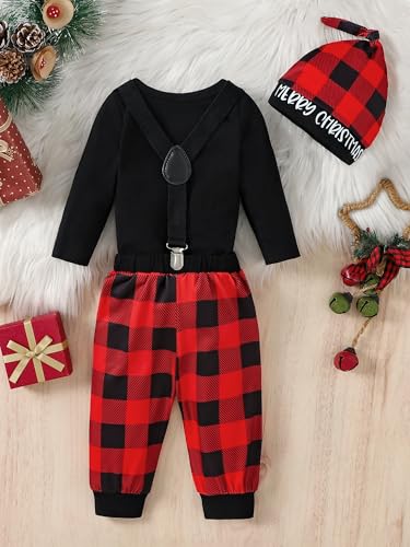 AMAWMW Newborn Baby Boy First Christmas Outfit My 1st Christmas Romper Red Plaid Pants Hat 3Pcs Clothes, Beige, 0-3Months - image 4