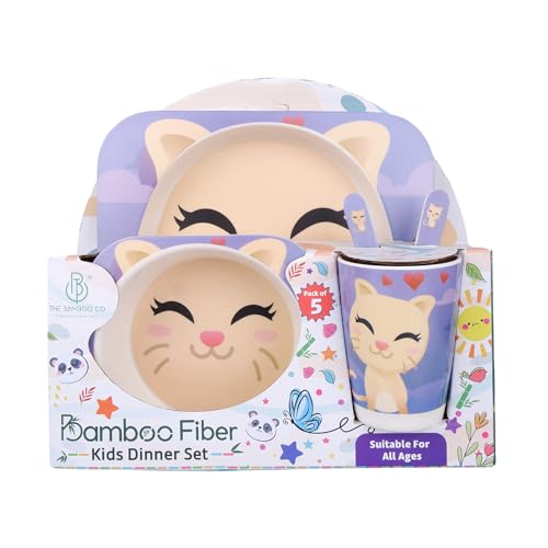 Image of Bamboo Kids Feeding Set of 5 |Kids Crockery Set Tableware |Baby Utensils and Dishes Set | Eco-Friendly |Organic & Natural (Purrfect Kitty)