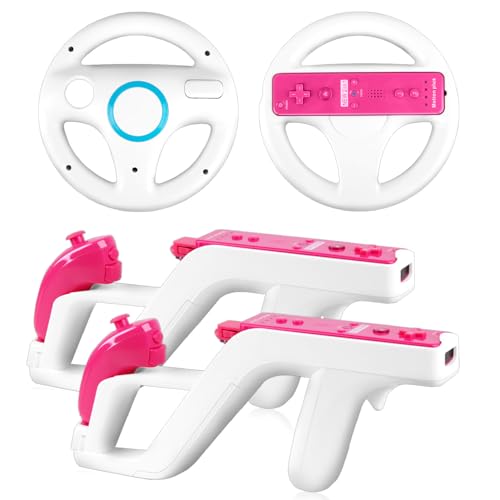 LongLongJin 2 Racing wii Steering Wheels And 2 wii Zapper Gun Controller Premium Accessories, Compatible With Nintendo Wii U Remote and Nunchuck Games(White)