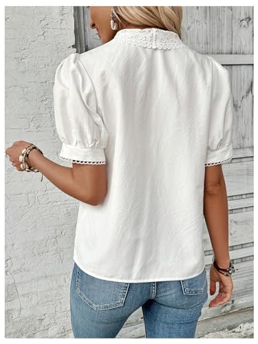 SweatyRocks Women's Puff Short Sleeve Collar Button Front Blouse V Neck Contrast Lace Shirt Tops2