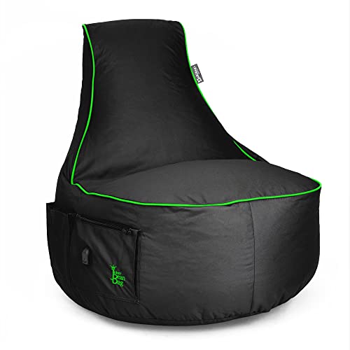 BuBiBag Gaming Sitzsack zum Zocken mit USB-Anschluss & Taschen, Headset Halterung, Gamer Sessel für Kinder und Erwachsene, Beanbag Indoor und Outdoor - JokerBag (Anthrazit-Neongrün) Cover