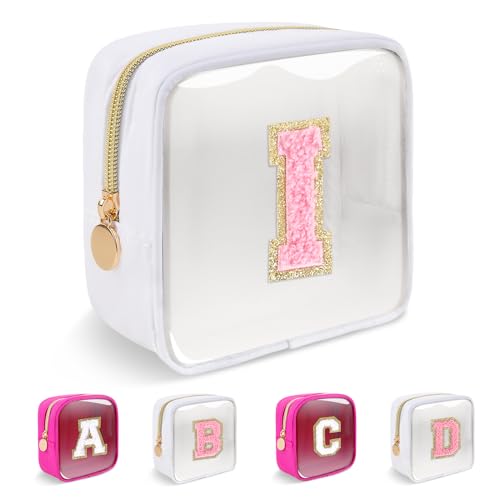 Personalized Initial Letter Clear Preppy Makeup Bag,Mini Nylon Chenille Letter Cosmetic Bag Cute Zipper Pouch Purse for Teen Girls,Portable TSA Approved Beach Travel Essentials Bag Gift for Women,I