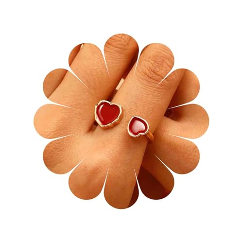 Image of Cybche Vintage Cute Double Heart Rings Red Enamel Heart Half Open Ring Small Hearts Open Adjustable Ring Wedding Love Wrap Finger Knuckle Rings Jewelry for Women