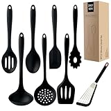 Set di utensili da cucina in silicone, 8 pezzi, resistenti al calore, antiaderenti, spatola, cucchiaio, mestolo, mestolo, pasta, schiumarola, pesce (nero)