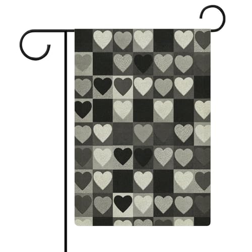 Gartenflagge in Herzform, karierte Quadrate, schwarz-weiß, saisonale Feiertage, Jute, doppelseitig, Haus, Hof, Außenflaggen, 32 x 47 cm