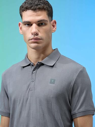 Image of TECHNOSPORT Men's Slim Fit Jacquard Textured Polo Sports T-Shirt with Cotflex, UPF50+ for Regular use
