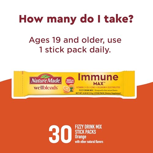 Nature Made Wellblends ImmuneMAX Fizzy Drink Mix, Vitamin C 2000mg with Zinc 20 mg, Vitamin D3 1000 IU (25 mcg), plus Seven B Vitamins and Electrolyte Hydration Blend, 30 Stick Packs