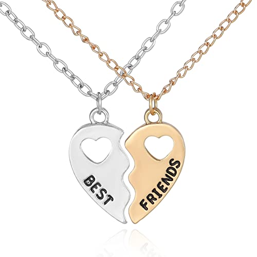 BOWINR 2Pcs BFF Friendship Necklaces for 2, Best Friend Half Heart Pendant Necklace for Girls, Friendship Jewelry Birthday Gift Girls BFF Necklaces-Love(Silver+Gold)
