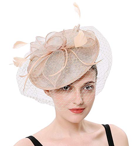 Hiary Ella Hilary Ella Flax Net Face Veil Feather Fascinator for Women Cocktail Tea Party Derby Wedding Fascinators Hat, Nude Pink, One Size