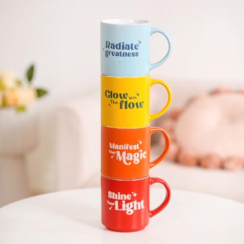 Image of Nestasia Ceramic Stackable Cups Set of 4 (280ml Each) - Embossed Motivational Quotes Tea & Coffee Cups with Glossy Finish | Microwave & Dishwasher Safe Cups - Ideal for Gifting (Colourful)