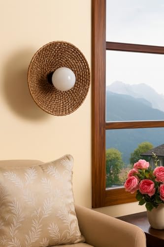 Image of AKWAY Rattan wall Lamps for Living Room | Bamboo wall Lights for Bedroom | Cane wall scones for Home Decoration (Cane Small Saucer - Brown)