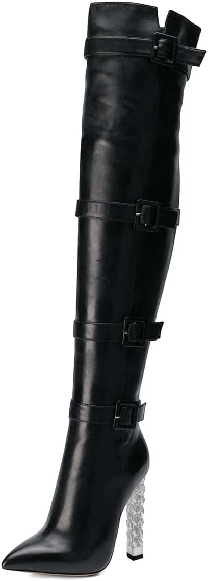 XYD Women Chain Block High Heel Boots Over The Knee Zipper Chic Pointed Toe Buckled Multi Straps Thigh High Sexy Party Club Shoes