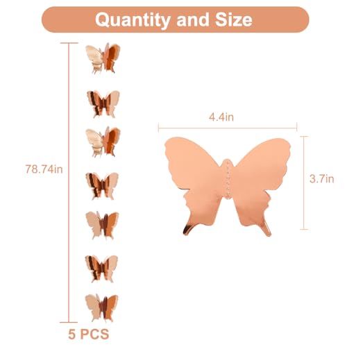 Image of BEISHIDA 5 Pieces Rose Gold 3D Butterfly Paper Garland Hanging Decorative Banner for Home Ceiling Decor Birthday Party Baby Shower Wedding Theme Showcase Decoration Supplies Total 393 Inch Length