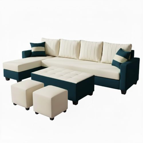 Image of FURNY Avenue 8 Seater Fabric LHS L Shape Sofa Set with 1 Centre Table & 2 Puffy (Cream-Greenish Teal) Premium Velvet Finish